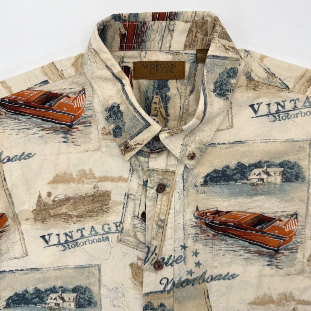 Morgan Creek Button Down Men L Cream Vintage Motorboat Print Short Sleeve Top